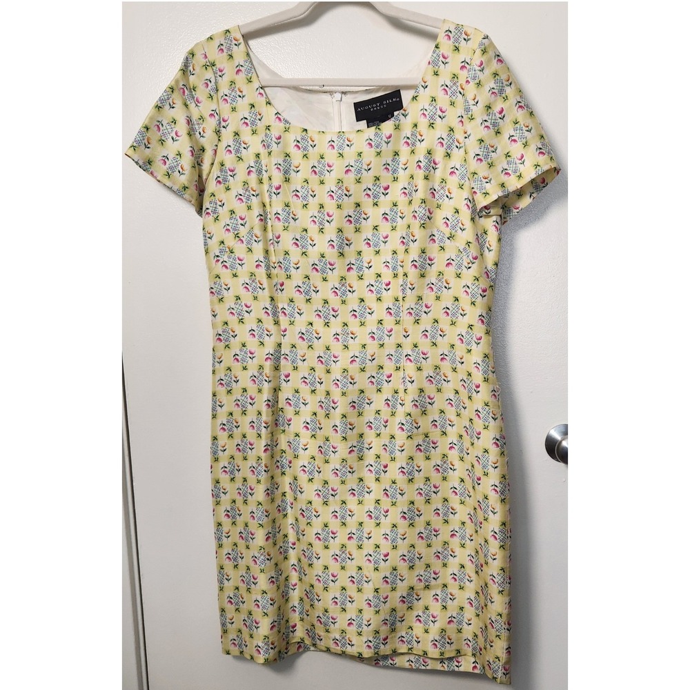 August‎ Silk Dress Women's Size 12 100% Silk Lined Yellow Pink Tulips Back Zip